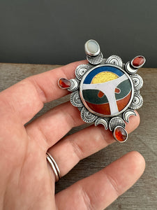 Cloisonné glass enamel with garnets and moonstone