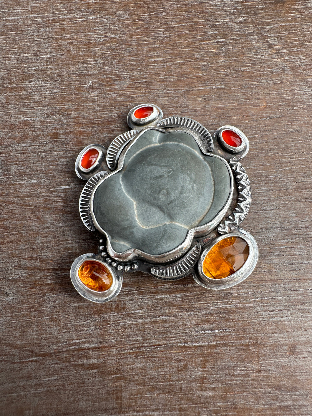 Fairy stone Pendant/Brooch with carnelian, kyanite, and citrine