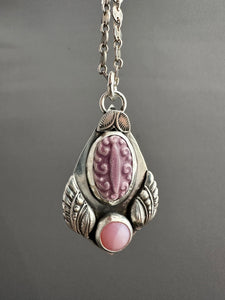 Purple enamel and pink opal pendant