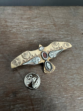 Load image into Gallery viewer, Bronze and silver stamped bird brooch with garnet
