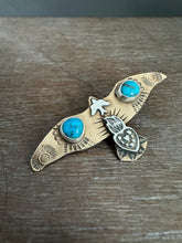 Load image into Gallery viewer, Bronze and silver stamped bird brooch with turquoise
