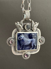 Load image into Gallery viewer, Purple Enameled Lion with fluorites and labradorite
