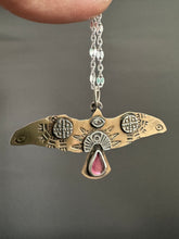 Load image into Gallery viewer, Bronze and silver stamped bird pendant with pink garnet
