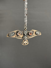 Load image into Gallery viewer, Bronze and silver stamped bird pendant with pink tourmaline
