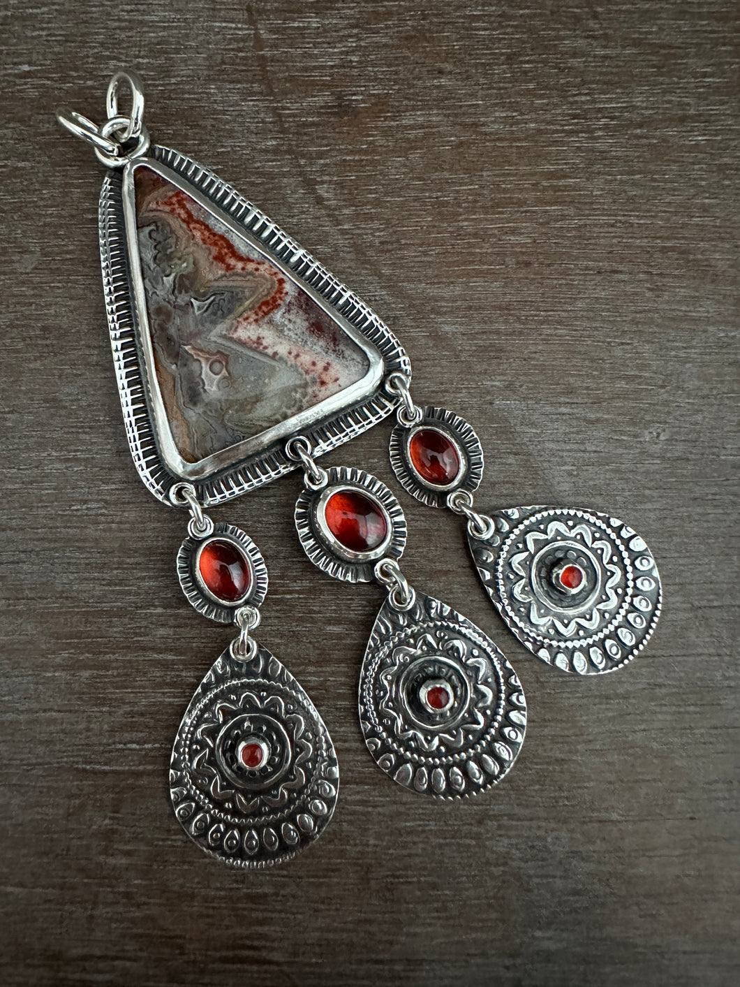 Crazy lace agate with garnets and jingle’s