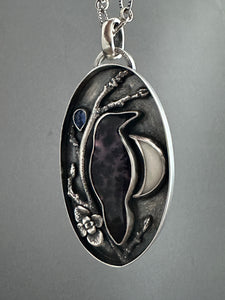 Amethyst sage agate raven with branch and moon Necklace