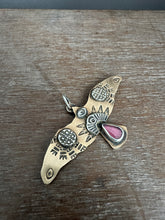 Load image into Gallery viewer, Bronze and silver stamped bird pendant with pink garnet
