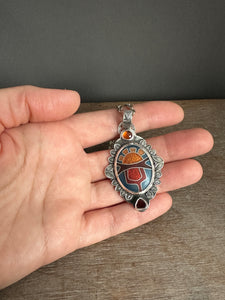 Cloisonné glass enamel with garnet and red spinel pendant