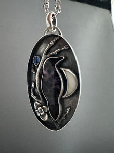Amethyst sage agate raven with branch and moon Necklace