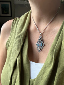 Cloisonné glass enamel pendant with ruby and quartz