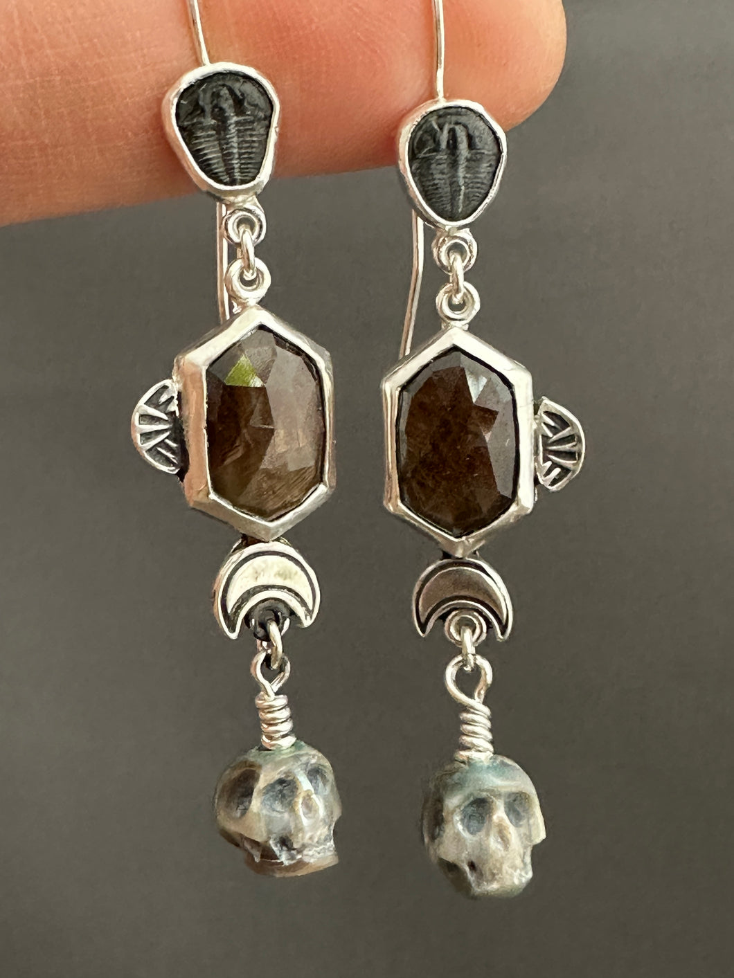 Trilobite, Bronze sapphire, and Carved Pearl Skull Dangle Earrings
