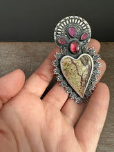 Load image into Gallery viewer, Rainforest Serpentine Sacred Heart with red spinel and garnets
