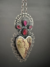 Load image into Gallery viewer, Rainforest Serpentine Sacred Heart with red spinel and garnets
