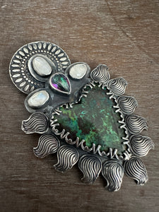Parrot wing chrysocolla Sacred Heart with mystic topaz and moonstones