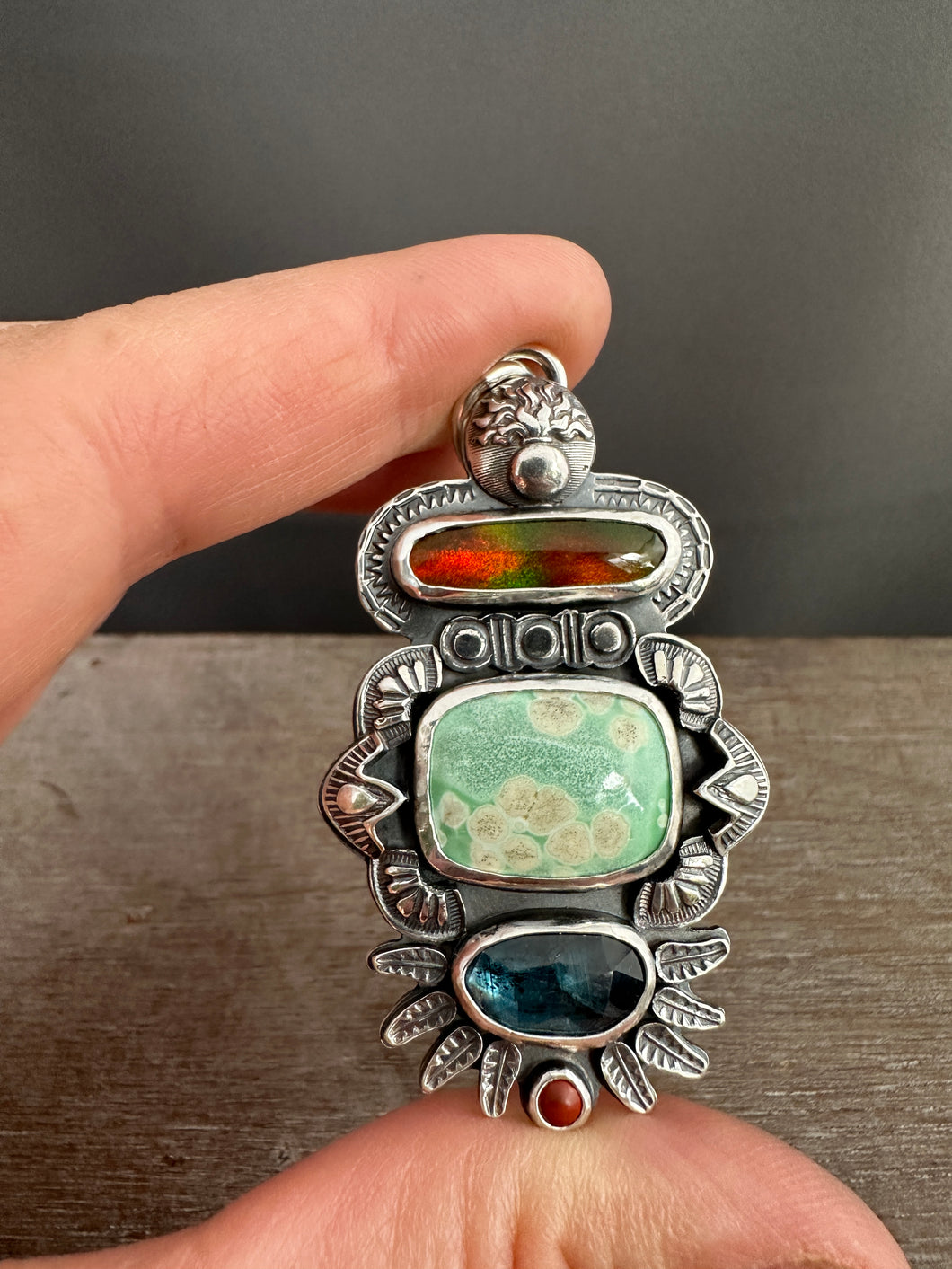 Multi stone pendant with Synthetic opal, variscite, kyanite, and jasper