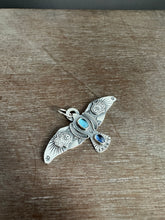 Load image into Gallery viewer, Large Blue Topaz and Kyanite stamped bird pendant
