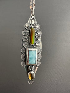 Multi stone pendant with Synthetic opal, Larimar, and Whiskey Quartz