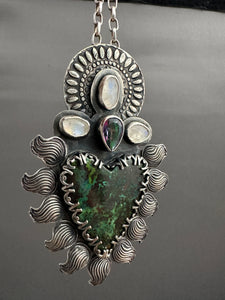 Parrot wing chrysocolla Sacred Heart with mystic topaz and moonstones