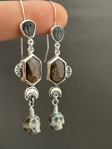Trilobite, Bronze sapphire, and Carved Pearl Skull Dangle Earrings