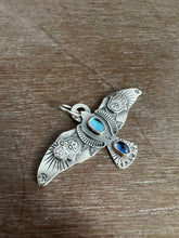 Load image into Gallery viewer, Large Blue Topaz and Kyanite stamped bird pendant
