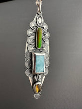Load image into Gallery viewer, Multi stone pendant with Synthetic opal, Larimar, and Whiskey Quartz
