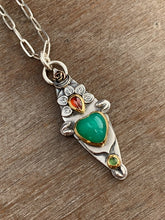 Load image into Gallery viewer, Reserved Final payment - 22k Gold and sterling silver Chrysoprase sacred heart pendant with 20” chain as pictured.
