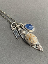 Load image into Gallery viewer, Fossilized sand dollar and kyanite charm necklace
