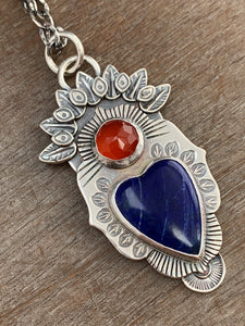 Lapis lazuli and carnelian sacred heart pendant