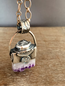 Herkimer quartz and amethyst crystal necklace