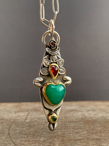 Reserved Final payment - 22k Gold and sterling silver Chrysoprase sacred heart pendant with 20” chain as pictured.