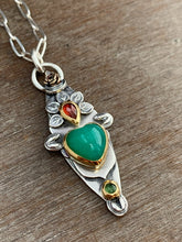 Load image into Gallery viewer, Reserved Final payment - 22k Gold and sterling silver Chrysoprase sacred heart pendant with 20” chain as pictured.
