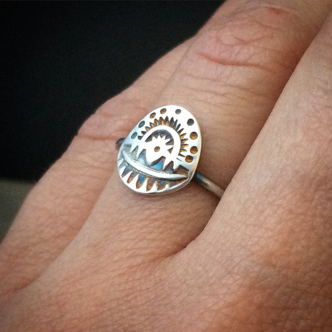 Sterling silver Stamped tribal shield ring