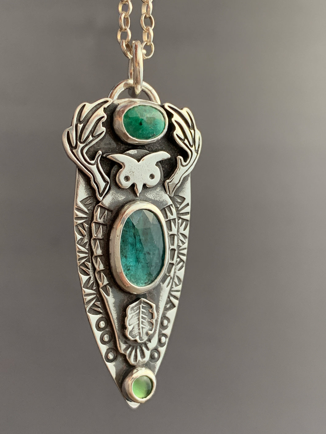 Owl pendant #6 Chrysocolla, Green Kyanite, and Serpentine