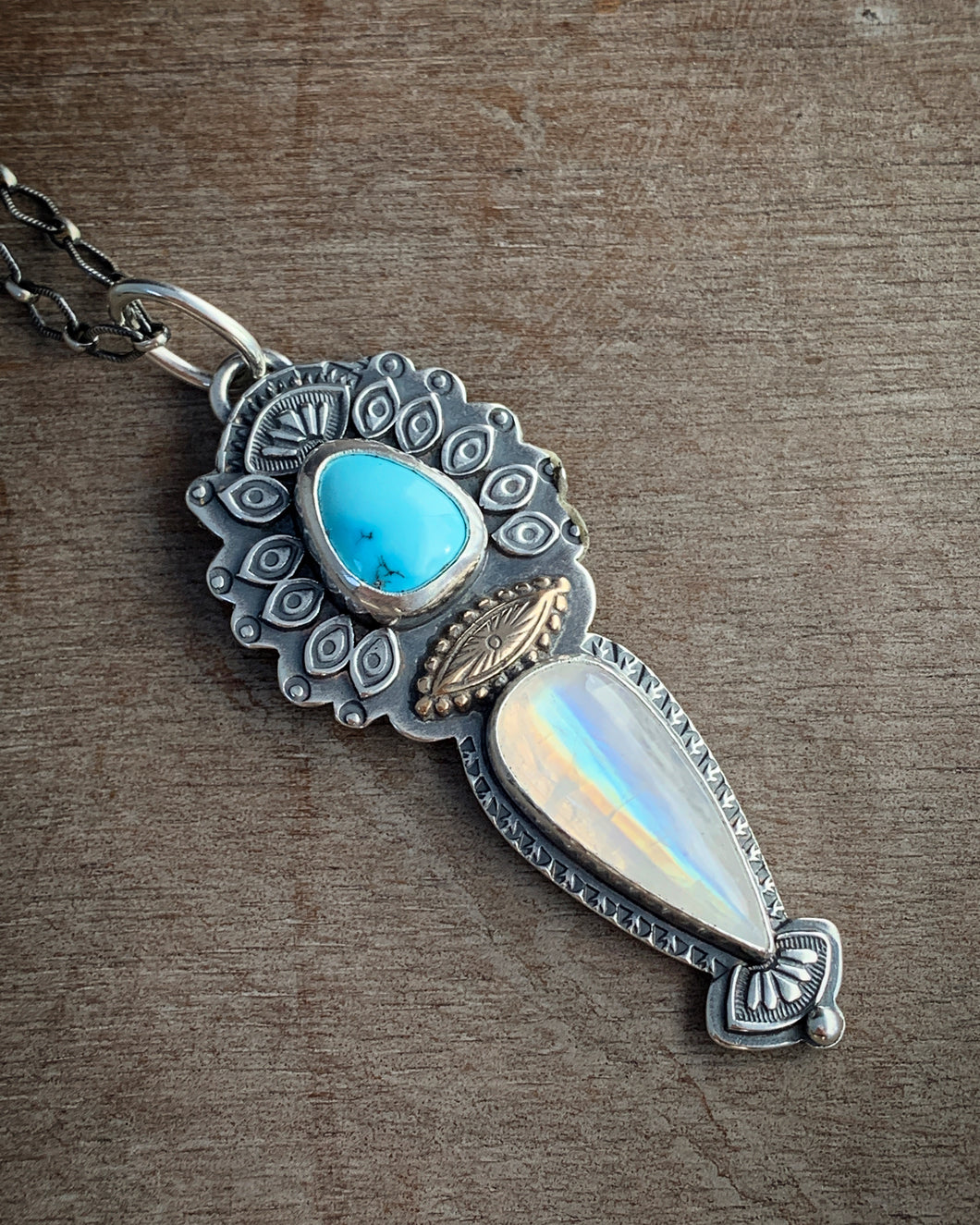 Egyptian turquoise and rainbow moonstone pendant