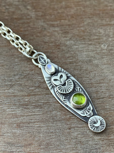 Owl pendant #12 - Peridot and Rainbow Moonstone