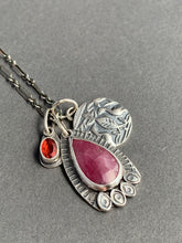 Load image into Gallery viewer, Pink Sapphire charm necklace, with a tiny garnet, and bird accent charm
