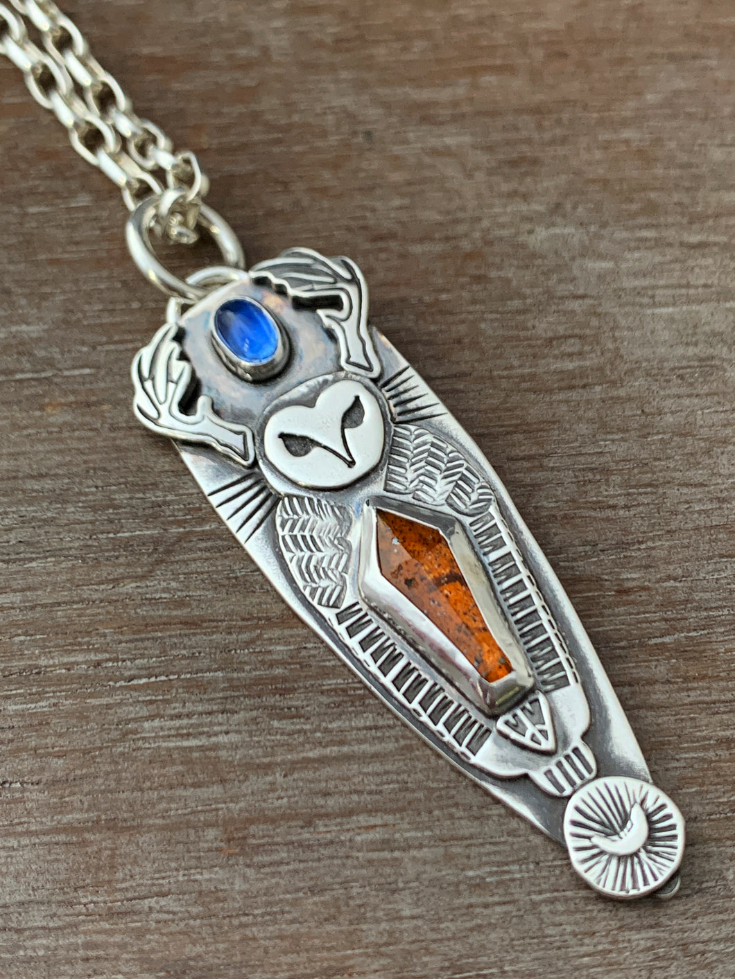 Owl pendant #2 - Orange and blue kyanite