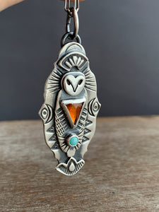 Owl pendant #4 - Hessonite Garnet and Amazonite