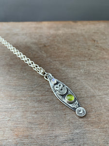 Owl pendant #12 - Peridot and Rainbow Moonstone