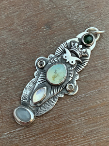 Owl pendant #13 with tourmaline, Peruvian Opal, chocolate moonstones, rainbow moonstone, and a grey moonstone