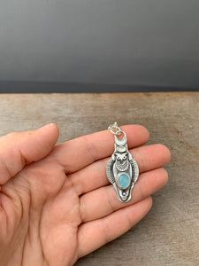 Owl pendant #17 - Aquamarine and rainbow Moonstone