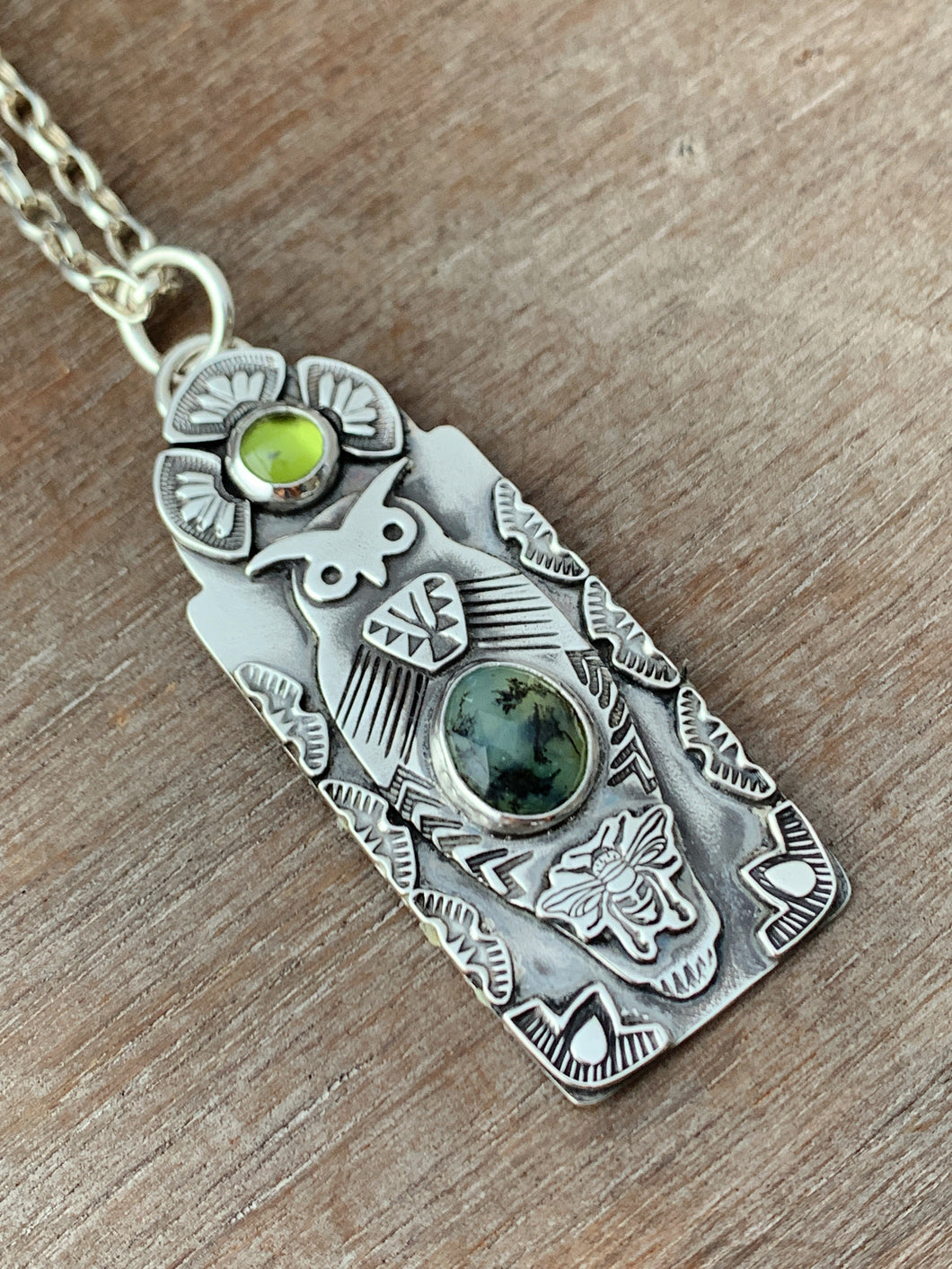Owl pendant #7 - Peruvian Opal and Peridot