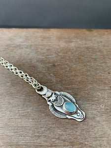 Owl pendant #17 - Aquamarine and rainbow Moonstone