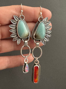 Amazonite and man made opal mismatched earrings