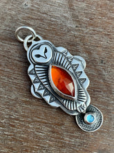Load image into Gallery viewer, Owl pendant #9 Hessonite Garnet and Blue Topaz
