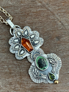 Hessonite garnet and Pixie turquoise elaborate pendant