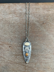 Owl pendant #6 - Fossilized Mastodon Ivory, Golden Moonstone and Labradorite