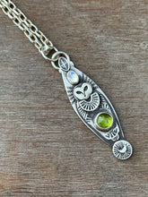 Load image into Gallery viewer, Owl pendant #12 - Peridot and Rainbow Moonstone
