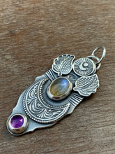 Load image into Gallery viewer, Small labradorite and amethyst winged pendant
