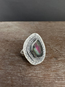 Pink and green tourmaline slice ring.